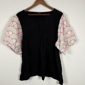 Women's Short Sleeve Balloon Sleeve Shirt Black‎ Rainbow Size XL